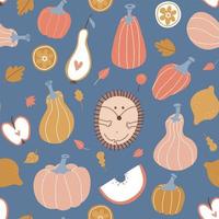 modèle sans couture d'automne. citrouille hygge, fruits, feuilles et citrouilles avec hérisson mignon. temps de récolte abstrait, papier imprimé du jour de thanksgiving ou texture textile. illustration vectorielle sans fin vecteur