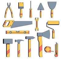 ensemble d'outils de construction jaunes. outils de réparateur. illustration vectorielle dans un style plat sur fond isolé blanc. cutter, scie, rouleau à peinture, pinceau, clé, tournevis, niveau de charpentier. vecteur