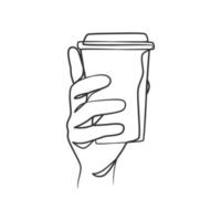 dessin au trait continu de mains tenant une tasse de café ou de thé vecteur