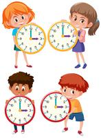 Enfants tenant une horloge sur fond blanc vecteur