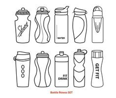 bouteilles de sport pour boire de l'eau ou des shakes protéinés. mode de vie sain. boissons de remise en forme. illustration vectorielle linéaire isolée sur fond blanc. vecteur