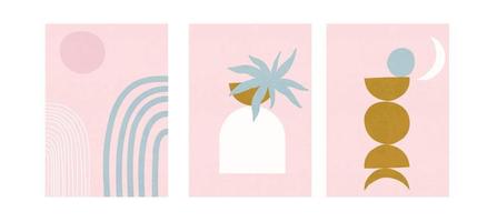 ensemble de trois affiches pastel avec feuillage, arc-en-ciel et formes abstraites, illustration vectorielle. impression d'art minimaliste de feuilles et de plantes nordiques. conception d'abstraction pour le fond, le papier peint, la carte, l'art mural vecteur