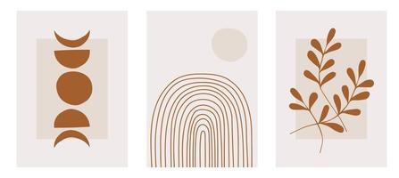 ensemble de trois affiches pastel avec feuillage, arc-en-ciel et formes abstraites, illustration vectorielle. impression d'art minimaliste de feuilles et de fougères nordiques. conception d'abstraction pour le fond, le papier peint, la carte, l'art mural vecteur