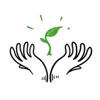 doodle dessiné à la main symbole d'icône d'illustration de plante de graine et de main pour sauver la terre de la nature vecteur