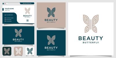 logo papillon de beauté avec style d'art en ligne et conception de carte de visite, beauté, contour, dessin au trait, luxe, vecteur premium