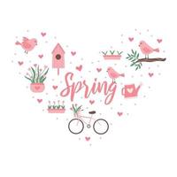 affiche de printemps avec oiseaux, nichoir. vélo, fleurs et tulipes. affiche avec lettrage coeur et printemps. illustration vectorielle en style cartoon. vecteur