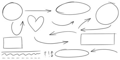 lignes de griffonnage, flèches, cercles et courbes vector.hand éléments de conception dessinés isolés sur fond blanc pour infographie. illustration vectorielle. vecteur