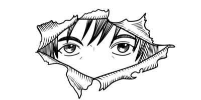 yeux de manga à la recherche d'une déchirure de papier isolée sur fond blanc. illustration vectorielle.