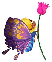 Papillon volant par la fleur rose vecteur
