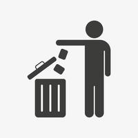homme jetant des ordures dans un panier, icône vectorielle sur fond blanc, ordures, ordures, symbole d'ordures vecteur