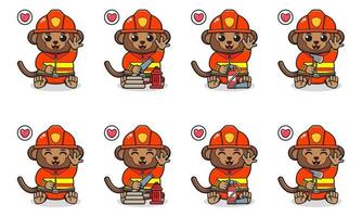 illustration vectorielle de dessin animé mignon singe assis avec costume de pompier et pose de la main vers le haut. vecteur