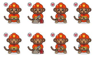 illustration vectorielle de dessin animé mignon singe assis avec costume de pompier. vecteur