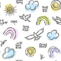 motif harmonieux de printemps avec soleil, arcs-en-ciel, nuages, oiseaux et libellules vecteur