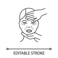 icône linéaire d'examen d'esthéticienne. procédure cosmétique. illustration de la ligne mince. préparation d'injection de neurotoxine. symbole de contour de médecine esthétique. dessin de contour isolé de vecteur. trait modifiable vecteur