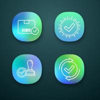 approuver le jeu d'icônes d'application. verification ET VALIDATION. livraison approuvée, coche, cachet d'approbation, processus de vérification. interface utilisateur ui ux. applications web ou mobiles. illustrations vectorielles isolées vecteur
