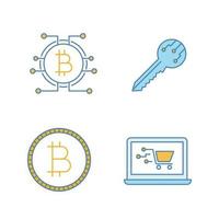 Jeu d'icônes de couleur de crypto-monnaie bitcoin. clé numérique, bitcoin avec voie de micropuce, pièce de monnaie, achats en ligne. illustrations vectorielles isolées vecteur