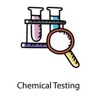 tubes à essai avec loupe indiquant l'icône de doodle de test chimique vecteur