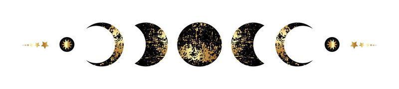 cadre de bordure de phases de lune en texture de feuille noire et dorée, signe de bannière wicca. symbole de la déesse wiccan païenne triple lune dorée, géométrie sacrée, roue de l'année, vecteur isolé sur fond blanc