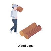 personne transportant des bûches de bois et coupant une icône isométrique vecteur