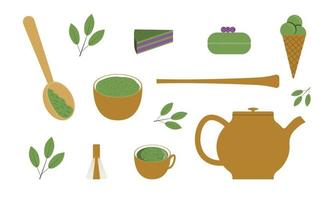 ensemble pour un goûter du matcha. thé et poudre bio avec outils pour la cérémonie du thé et produits issus du matcha. vecteur