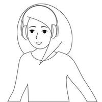 image en noir et blanc.une jeune fille écoute de la musique et des podcasts dans des écouteurs. fond blanc, vecteur