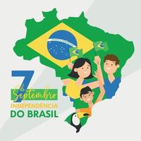 joyeux jour de l'indépendance du brésil personnes tenant un drapeau et un vecteur de toucan