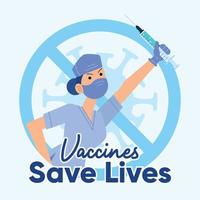 les vaccins sauvent des vies affiche médecin tenant un vecteur de seringue