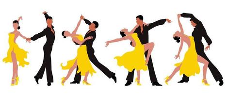 un ensemble d'illustrations, des couples dansants, un homme en noir et une femme en robe jaune dans des poses élégantes. affiche, impression, carte postale vecteur
