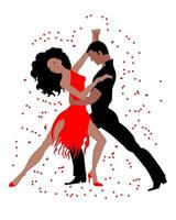 illustration, un couple dansant, un homme en noir et une femme en robe rouge dans une pose élégante. affiche, impression, carte postale vecteur