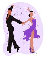 illustration, un couple de danseurs, un homme en noir et une femme en robe violette sur un fond abstrait. affiche, impression, carte postale vecteur