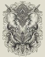 illustration tête d'éléphant gravure style ornement avec masque vecteur