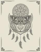 tête de chat illustration gravure style mandala avec masque vecteur