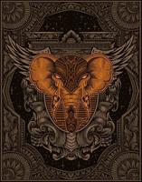 illustration tête d'éléphant gravure style ornement avec masque vecteur