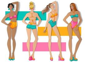 personnages de design de mode portant une collection de maillots de bain colorés. designs originaux inspirés du défilé été 2022 vecteur