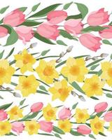 un ensemble de bordures sans couture vectorielles faites de jonquilles et de tulipes. le printemps. Pâques
