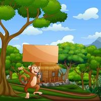 singe de dessin animé tenant une pancarte en bois dans le fond de la nature vecteur