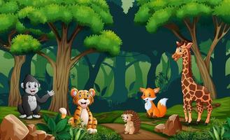 scène avec de nombreux animaux dans la forêt vecteur