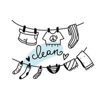 corde pour sécher les vêtements avec des chaussettes, un slip, un t-shirt, un short, une serviette. manuscrit propre sur une forme bleue. illustration vectorielle de style doodle, ligne noire isolée sur fond blanc. vecteur
