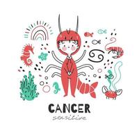 illustration du signe du zodiaque du cancer. caractère de symbole d'horoscope astrologique pour les enfants. carte colorée avec des éléments graphiques pour la conception. vecteur dessiné à la main en style cartoon avec lettrage