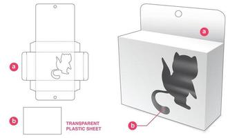 emballage suspendu en carton avec fenêtre de chat et modèle de découpe de feuille de plastique transparent vecteur