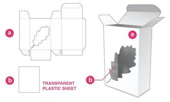 emballage en carton avec fenêtre en forme de feuille et gabarit découpé en feuille de plastique