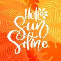 Texte de calligraphie Hello Sunshine pour carte de voeux. Illustration de vecteur graphique créatif doodle plage voyage. Feuilles tropicales et soleil sur fond