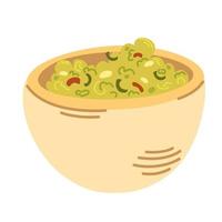 guacamole. guacamole de cuisine mexicaine avec nachos, avocat, poivre, citron vert et épices. nourriture délicieuse et saine, collation. illustration vectorielle de dessin animé dessiné à la main. vecteur