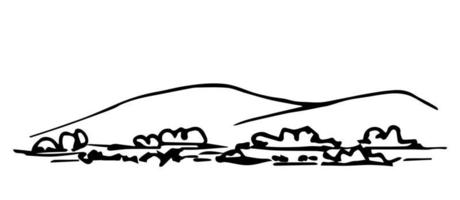 croquis vectoriel simple contour noir dessiné à la main. nature, paysage. collines, montagnes à l'horizon, pierres, buissons, herbe au premier plan.