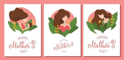 ensemble de cartes de fête des mères, affiches, bannières, impressions. les illustrations de femmes avec des fleurs, un bébé et un cœur sont parfaites pour la santé de la femme, la maternité, la grossesse, les affiches et les cartes féministes. eps 10