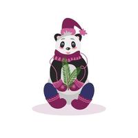 carte de noël avec ours panda avec des branches de sapin. dans des vêtements d'hiver chauds, un chapeau, une écharpe et des bottes en feutre. illustration vectorielle pour le design et la décoration, bannière vecteur