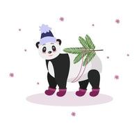 une carte de noël avec un panda portant des branches de sapin. dans des vêtements d'hiver chauds, un chapeau et des bottes en feutre. illustration vectorielle pour le design et la décoration, bannière vecteur