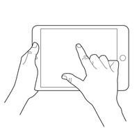 Esquisse de la main tenant une tablette et le doigt touchant un écran vide, appuyez sur zoom d&#39;affichage ou faites pivoter le geste. vecteur