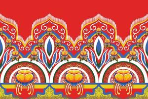 jaune, bleu, fleur sur rouge orangé. motif oriental ethnique géométrique design traditionnel pour le fond tapis papier peint vêtements emballage batik tissu illustration vectorielle style de broderie vecteur