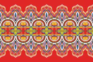 jaune, bleu, fleur sur rouge orangé. motif oriental ethnique géométrique design traditionnel pour le fond tapis papier peint vêtements emballage batik tissu illustration vectorielle style de broderie vecteur